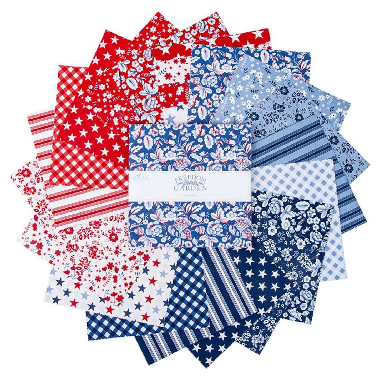 Collection of red, white, and blue fabric swatches with a brand label.