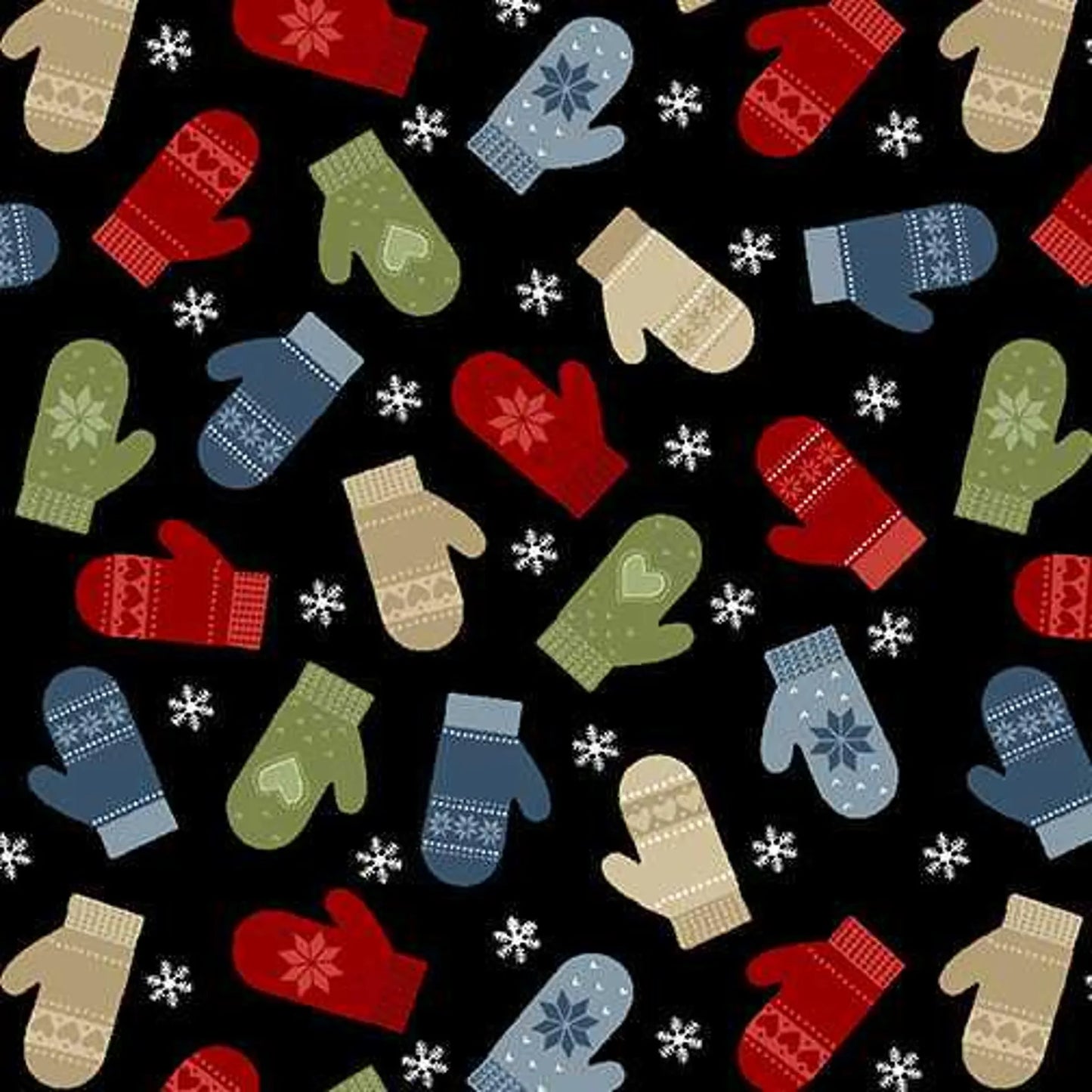 A seamless pattern of colorful mittens in red, green, blue, and beige with various designs is scattered on the Merry Mittens Black Flannel Fabric Yardage, featuring small white snowflakes—perfect for festive winter projects.