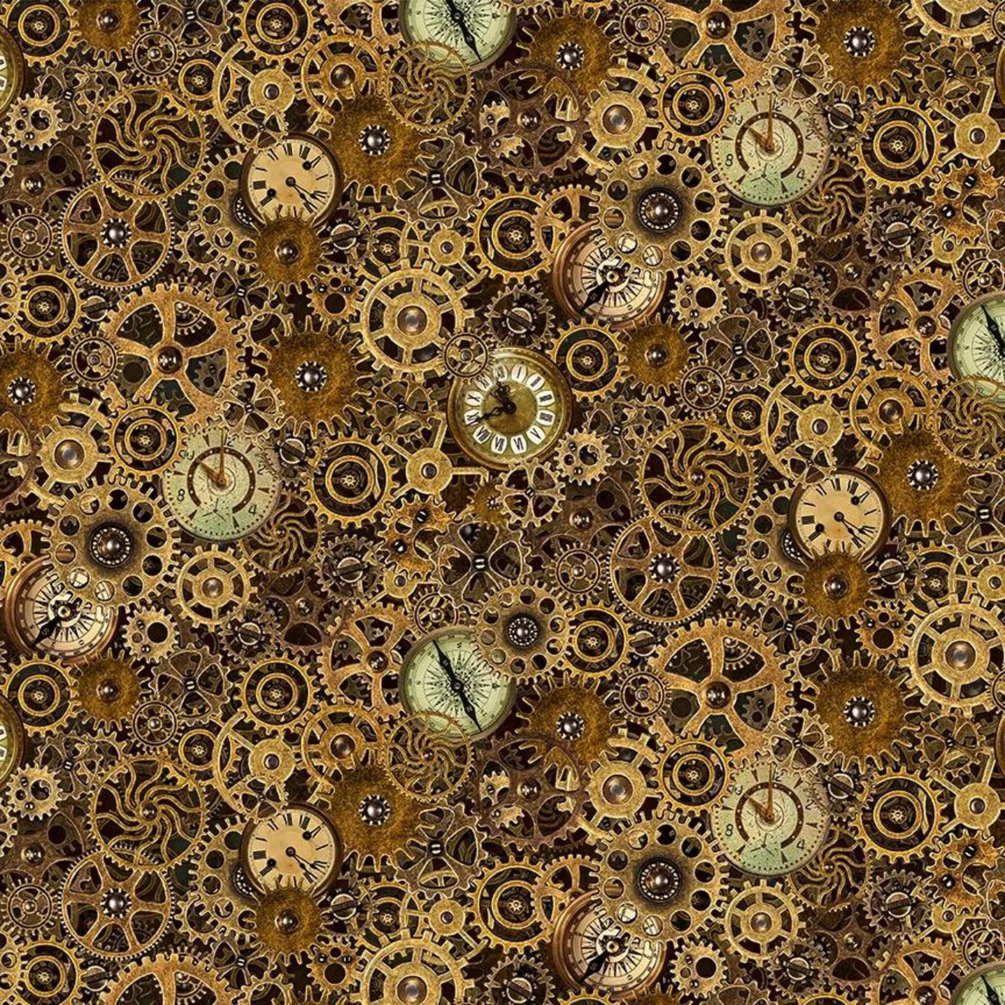 A dense pattern of brass and gold gears, cogs, and vintage clock faces interlock in the Steampunk Menagerie Quilt Kit by Quilted Joy—ideal for creating a unique steampunk-inspired quilt or creative quilting project.