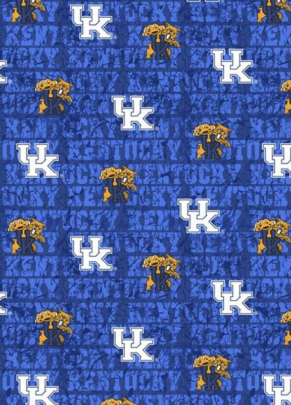 The University of Kentucky Distressed Logo Flannel Fabric Yardage features a blue patterned background with repeating white UK logos, yellow wildcat mascots, and subtle Kentucky text for a vintage Wildcats look.