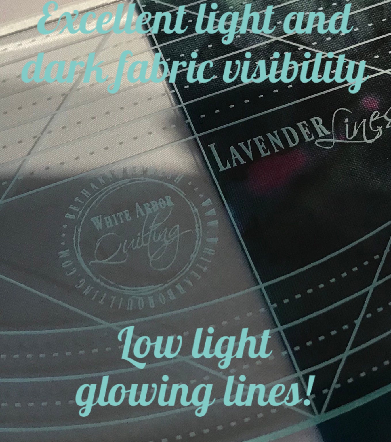 A close-up of the Lilac & Lavender Duo Ruler Set by White Arbor Quilting features glowing grid lines for excellent visibility on light and dark fabrics, plus “Low light glowing lines!” printed on the ruler.