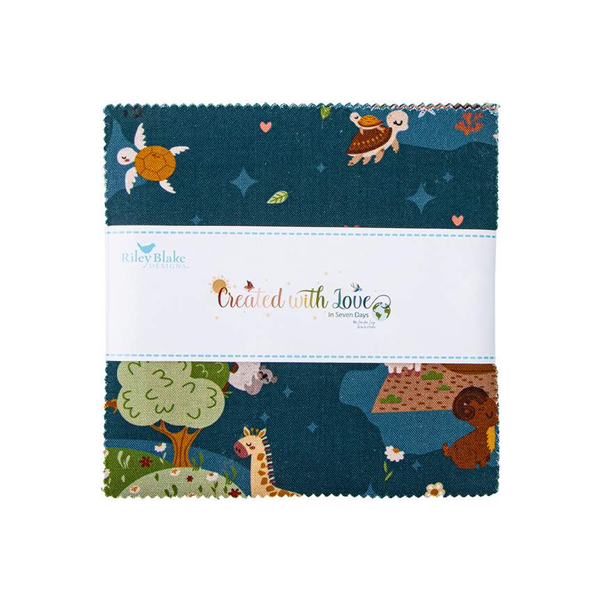 The Created with Love 5" Stacker features precut cotton squares with colorful animals like turtles and giraffes on a dark blue background, wrapped in a white band labeled by Riley Blake Designs—ideal for quilting projects.