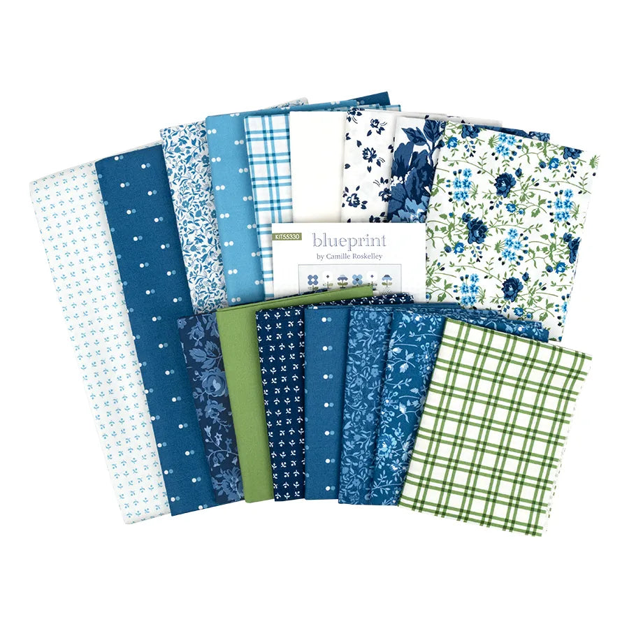A semi-circle of United Notions fabrics in blue, green, and white florals, polka dots, plaid, and geometrics surrounds the Blueprint Quilt Kit label at the center.