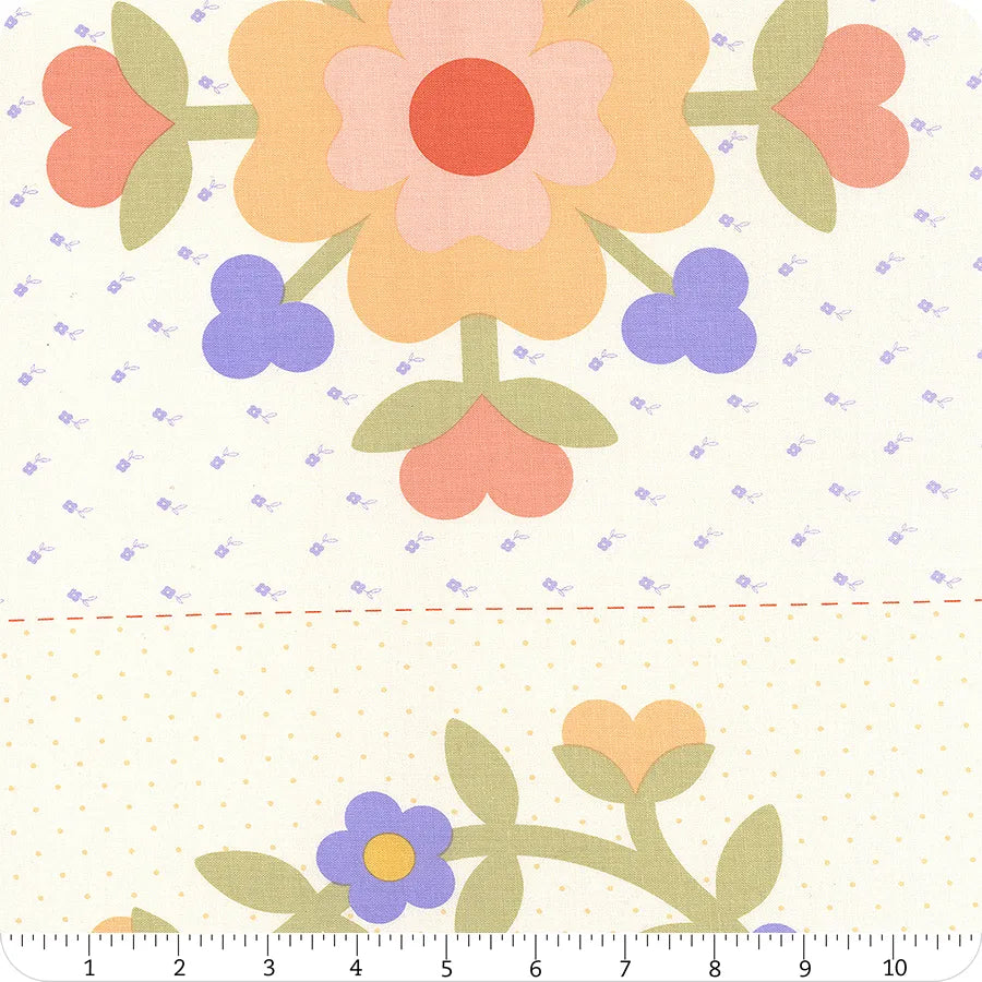 The Pastel Prairie Porcelain Panel by United Notions features floral appliqué patterns in peach, orange, red, green, and purple on a cream background. A ruler along the bottom edge displays inches for scale.