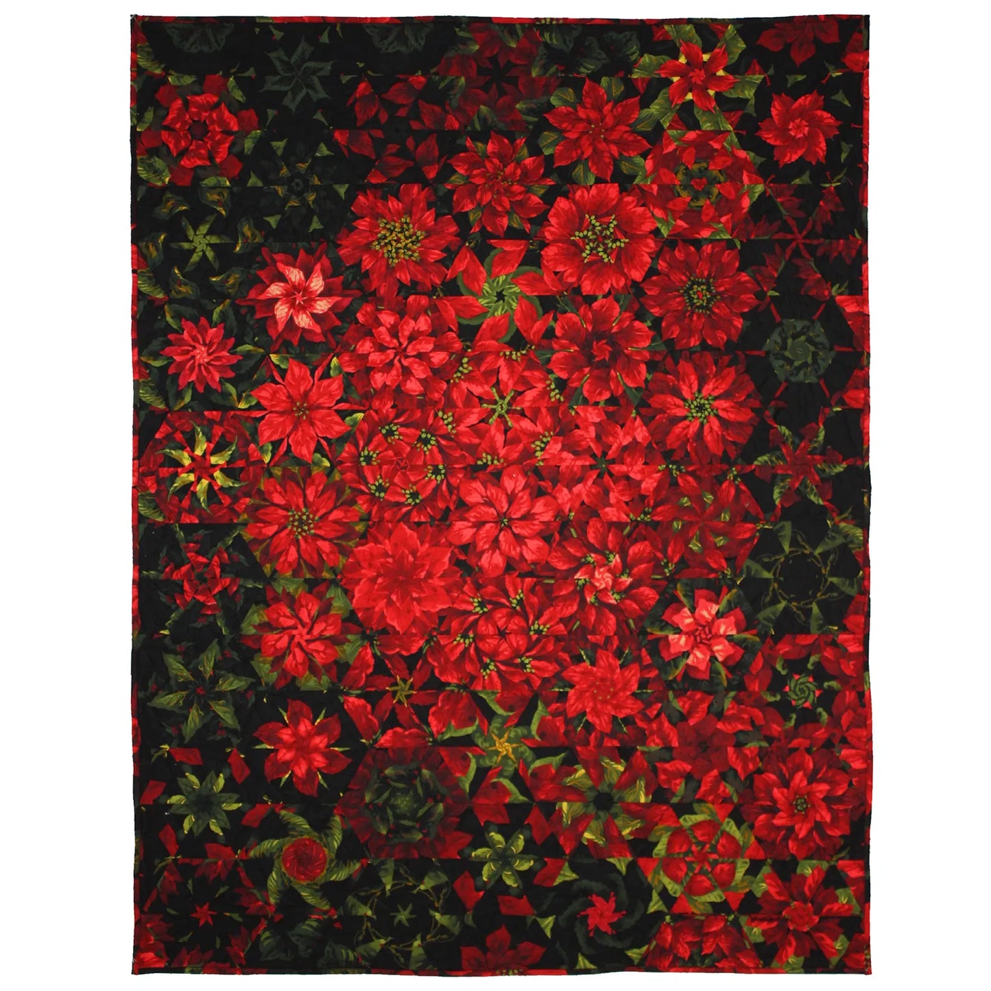 The Poinsettia Millefiori Quilt Kit by Michael Miller Fabrics features a vibrant red poinsettia and green leaf pattern in a symmetrical One-Block Wonder design—perfect as a stunning holiday quilt kit.