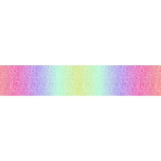 A horizontal strip of Jaftex - FreeSpirit’s Floral Reef Deep Dive Riptide Fabric features a gradient rainbow background with pink, purple, blue, green, yellow, and red hues and subtle white swirling patterns on quilting cotton.