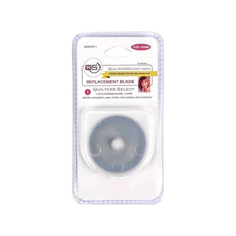 The Quilters Select 45mm Rotary Blade Replacements 1pk by RNK Distributing comes in a clear plastic and cardboard case featuring product details and a small image of a smiling person in the top right corner.
