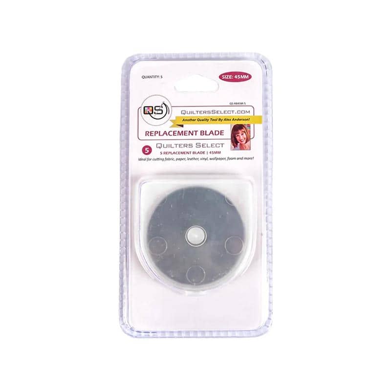 The RNK Distributing Quilters Select 45mm Rotary Blade Replacements 5pk comes in a clear package with purple and white text, ideal for rotary cutter blade replacement. Perfect for cutting fabric, paper, leather, vinyl, and more.