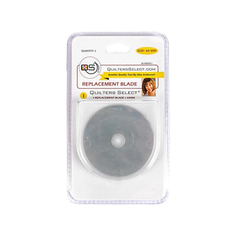 The Quilters Select 60mm Rotary Blade Replacements 1pk by RNK Distributing comes in a clear plastic case with branded labeling, allowing the rotary blade to be visible inside the packaging.