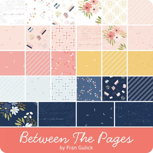 Collection of patterned fabric squares with 'Between The Pages' by Fran Gulick branding.