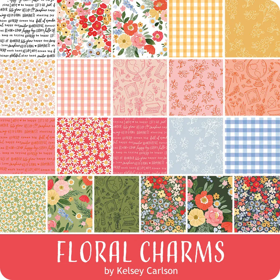 Collection of floral and patterned fabric swatches with 'Floral Charms by Kelsey Carlson' text.