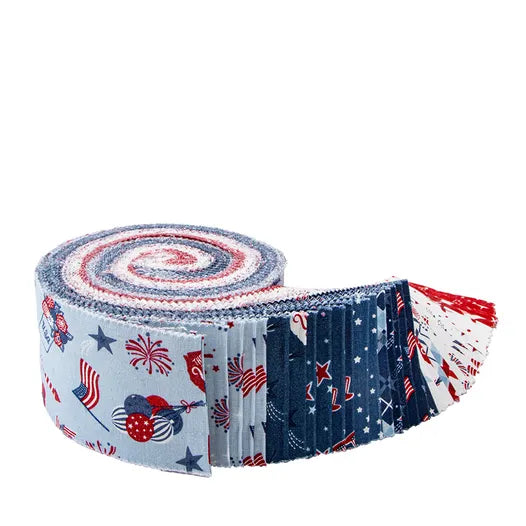 Roll of fabric with patriotic designs on a white background