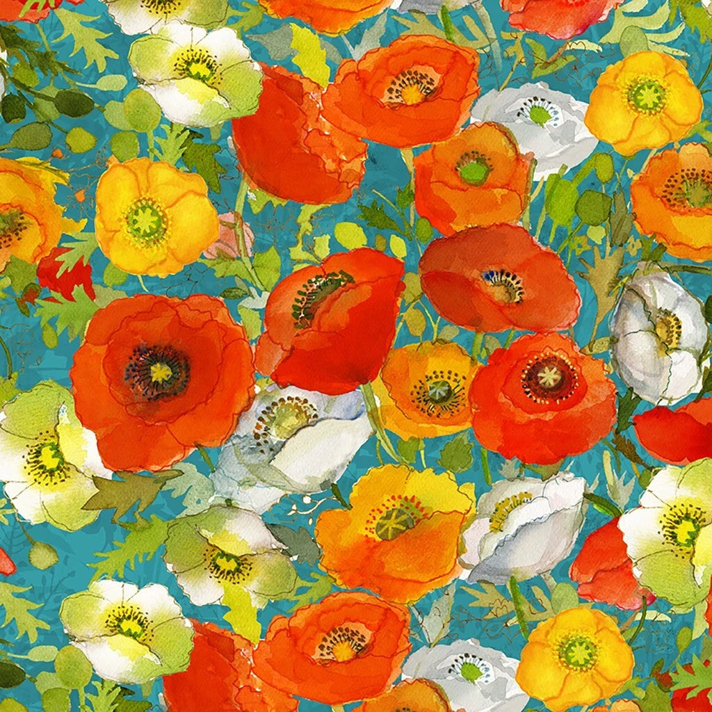 Poppy Dreams Digital Large Poppies Teal Fabric Yardage