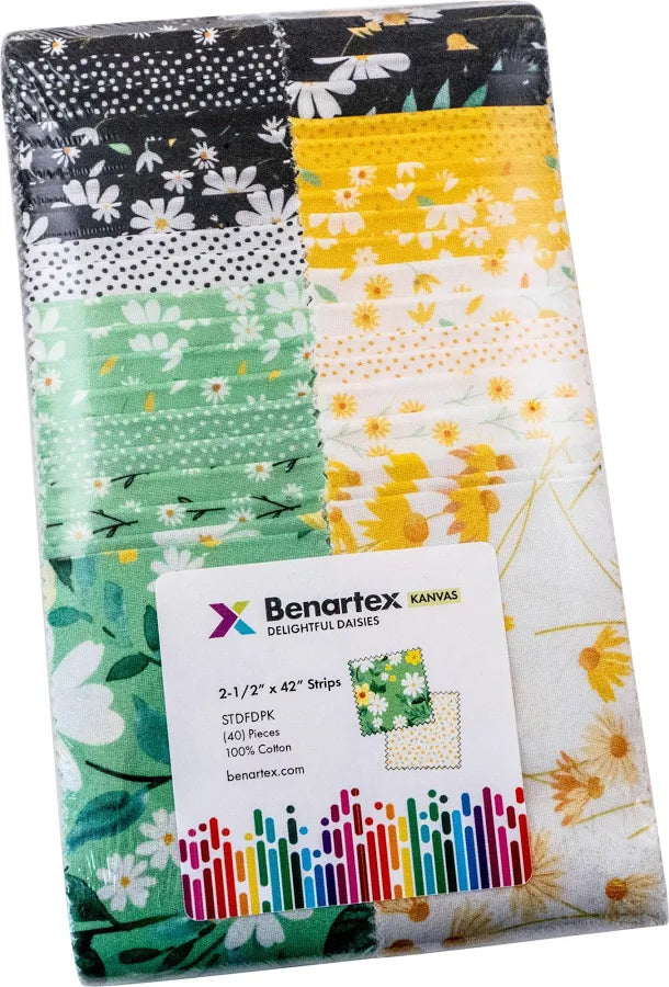 The Benartex Delightful Daisies 2-1/2" Strips bundle includes 40 cotton strips (2.5" x 42") in black, white, green, and yellow with daisy prints—perfect for quilting or crafts.