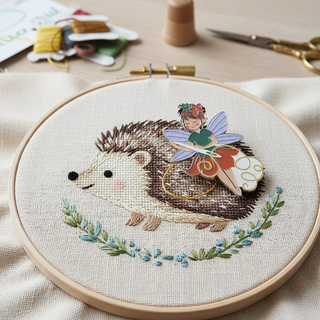 Thimbelina Fairy Needle Minder on embroidery hoop with hedgehog design