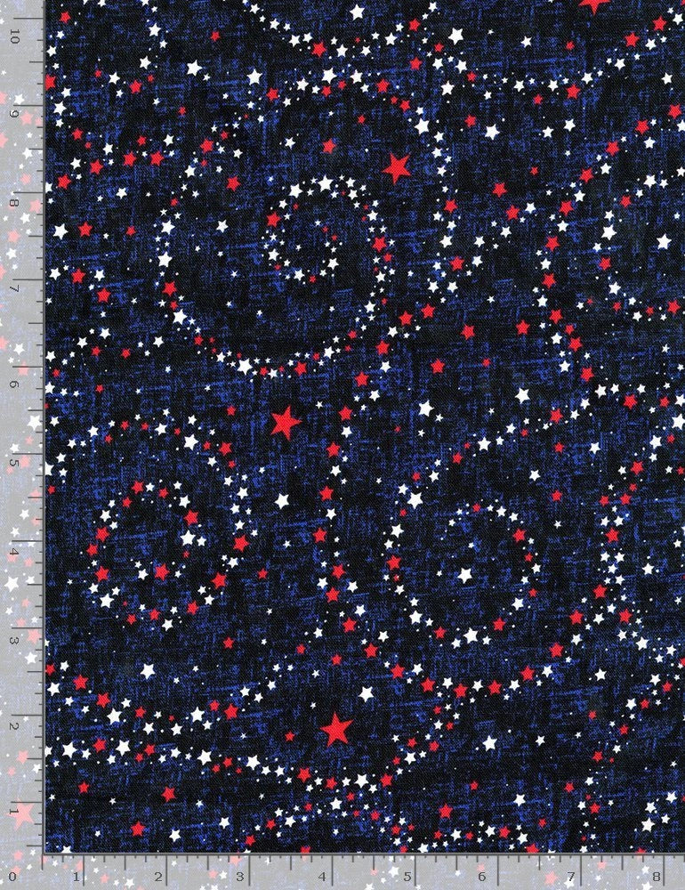 The quiltedjoy USA Stars Navy 108" Wide 3 Yard Quilt Fabric Back Pack features white, red, and blue star patterns on dark blue, with inch measurements along the edges—perfect for quilt backings.