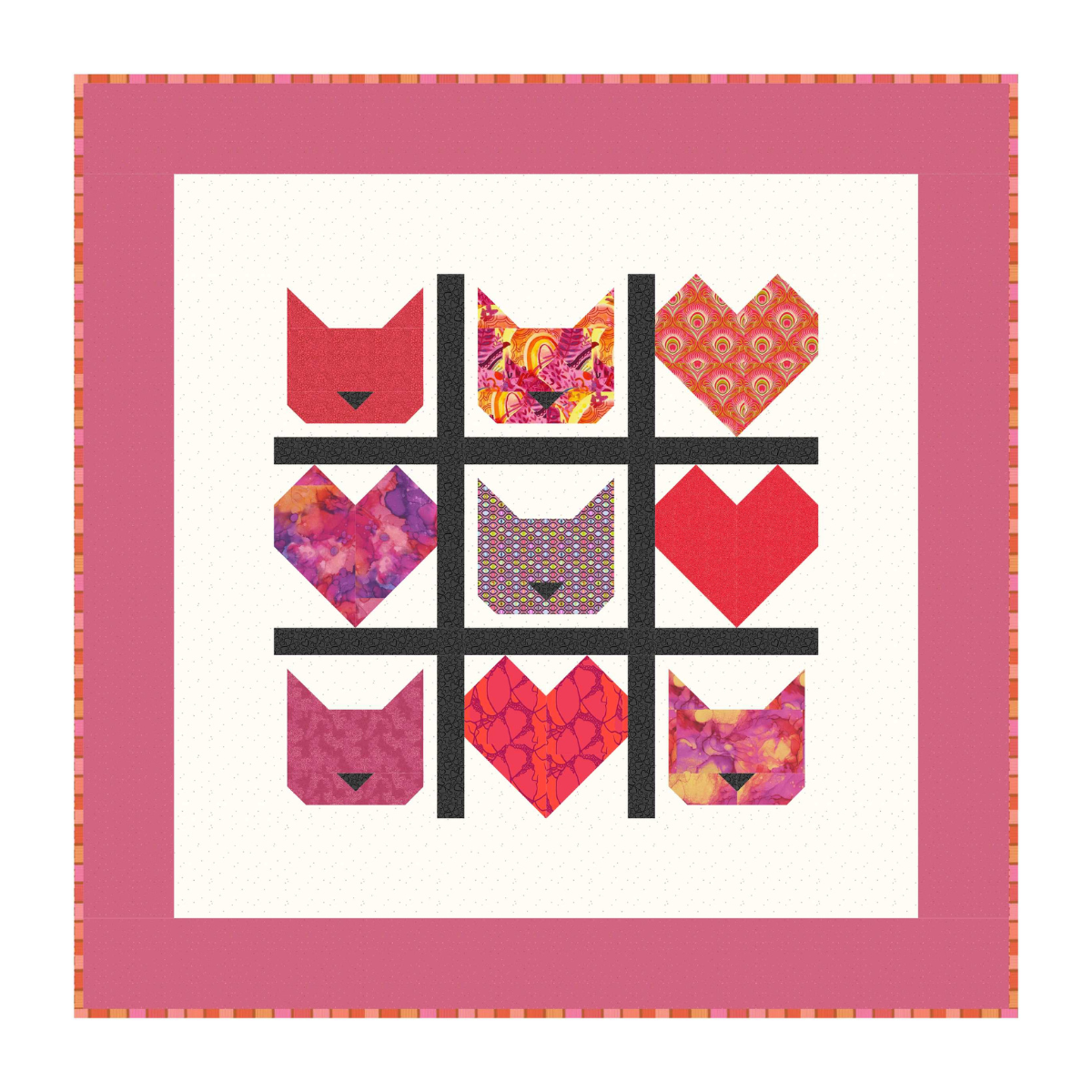 The We Heart Cats Quilt Kit features a playful tic-tac-toe pattern with alternating cat faces and hearts in colorful fabrics, bordered by pink and orange—perfect for making a Valentine’s Day quilt.