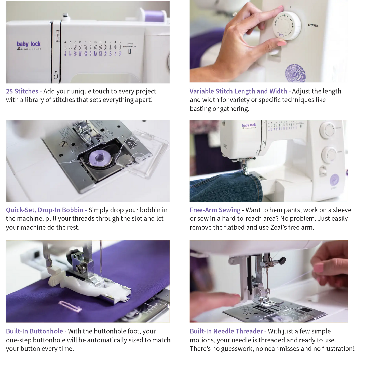 Six close-up images show features of the pre-loved Baby Lock Zeal Sewing Machine by Quilted Joy, including 25 stitch options, adjustable length/width, drop-in bobbin, free-arm sewing, built-in buttonhole, and automatic needle threader.