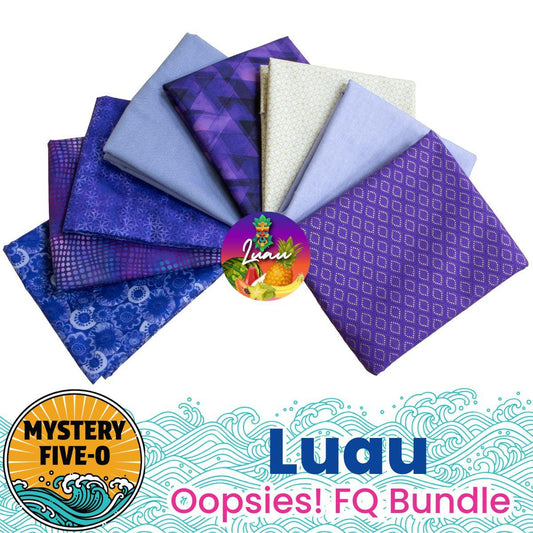 The Quilted Joy Mystery Five-0 Mega Mystery Luau Purpleicious Oopsies! FQ Bundle includes 8 coordinating blue and purple fat quarters, perfect for the quilt project, featuring wave graphics and a floral logo on the label.