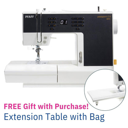 The SVP Pfaff Passport 2.0 compact sewing machine is displayed with an attached extension table. Text states: FREE Gift with Purchase! Extension Table with Bag. An inset circle emphasizes the extension table.