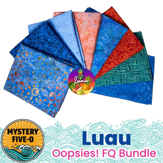 A vibrant fan of blue, red, orange, and green fat quarters from Quilted Joy’s Mystery Five-0 Mega Mystery Luau Scuba Dive Oopsies! FQ Bundle—coordinating fabric with wave & pineapple graphics for your quilt.