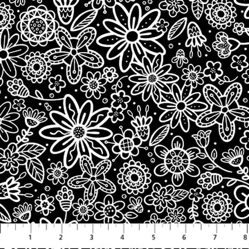 Basically Black and White Flowers White on Black Fabric Yardage