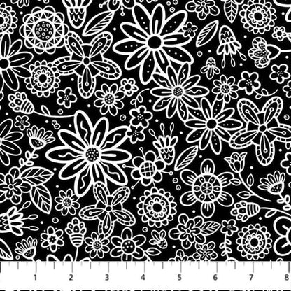 Basically Black and White Flowers White on Black Fabric Yardage