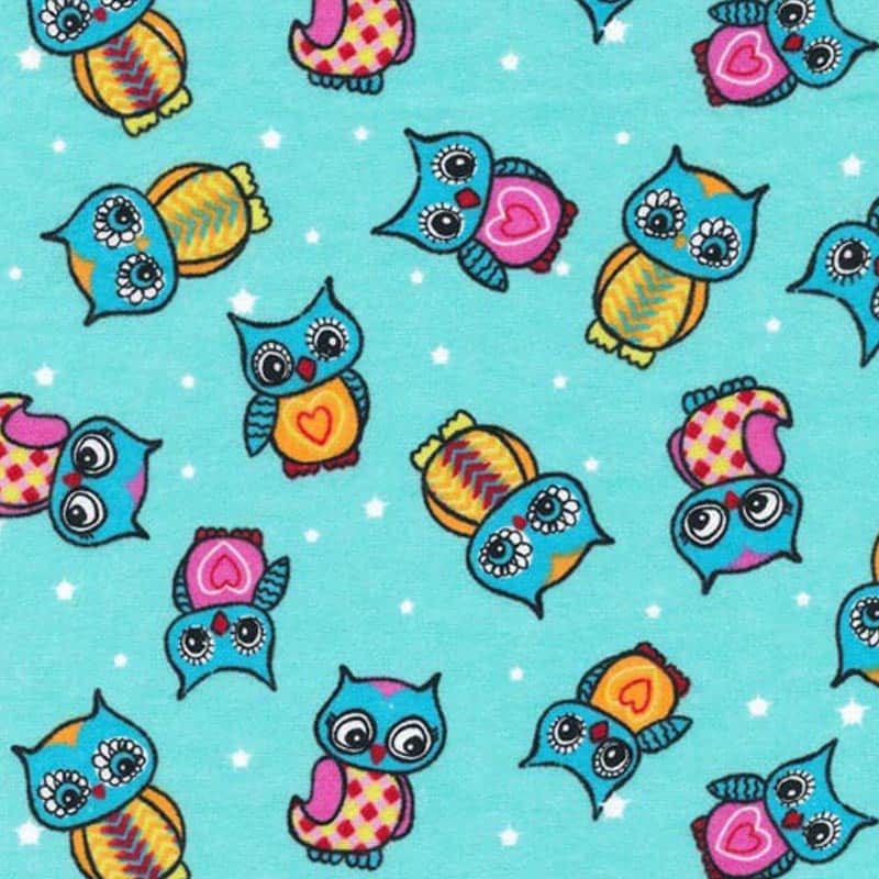 Owls Aqua Flannel Fabric Yardage