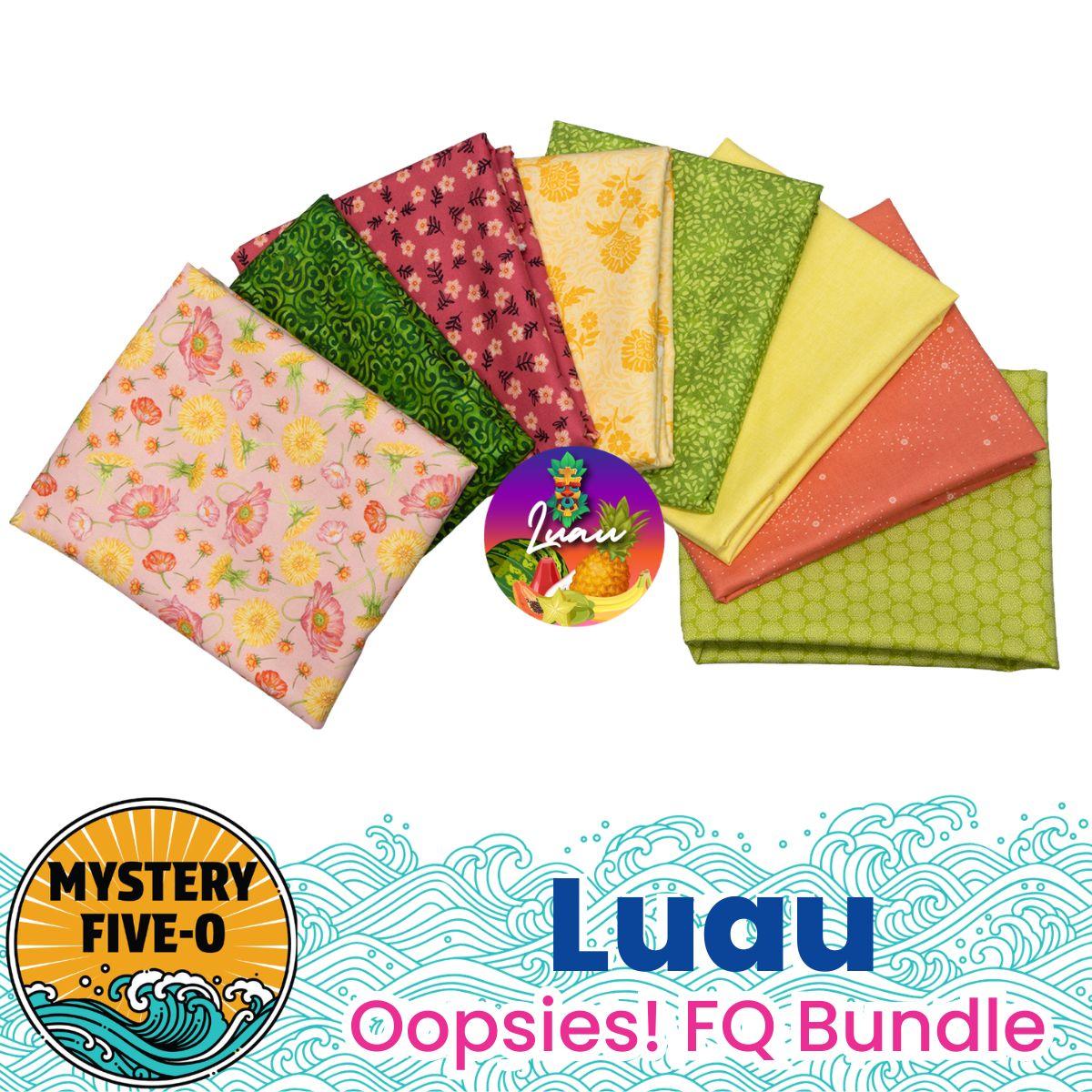 A fan-shaped bundle of vibrant fabric squares features tropical wave graphics and “Mystery Five-0 Mega Mystery Luau Wildflower Waltz Oopsies! FQ Bundle” by Quilted Joy in colorful text.