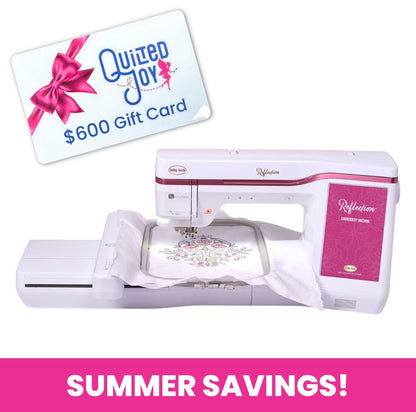 A $600 Quilted Joy gift card, a white and pink Baby Lock Reflection Sewing & Embroidery machine with FREE 60 Days of Online Classes stitching a floral design, and “SUMMER SAVINGS!” text on a pink banner.