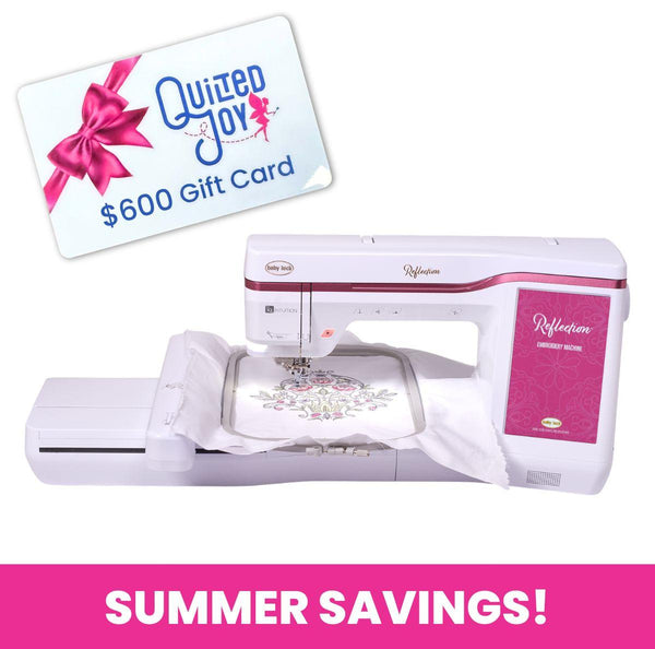 A $600 Quilted Joy gift card, a white and pink Baby Lock Reflection Sewing & Embroidery machine with FREE 60 Days of Online Classes stitching a floral design, and “SUMMER SAVINGS!” text on a pink banner.