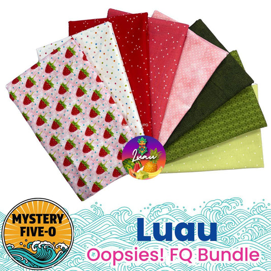 A fan-shaped bundle of colorful fat quarters in red, pink, white, and green patterns. The Quilted Joy Mystery Five-0 Mega Mystery Luau Berry Sweet Oopsies! FQ Bundle brings a tropical quilt theme.