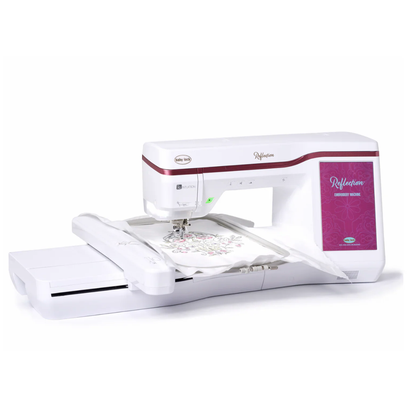 Baby Lock Reflection Sewing & Embroidery Machine stitching a floral design in the embroidery hoop