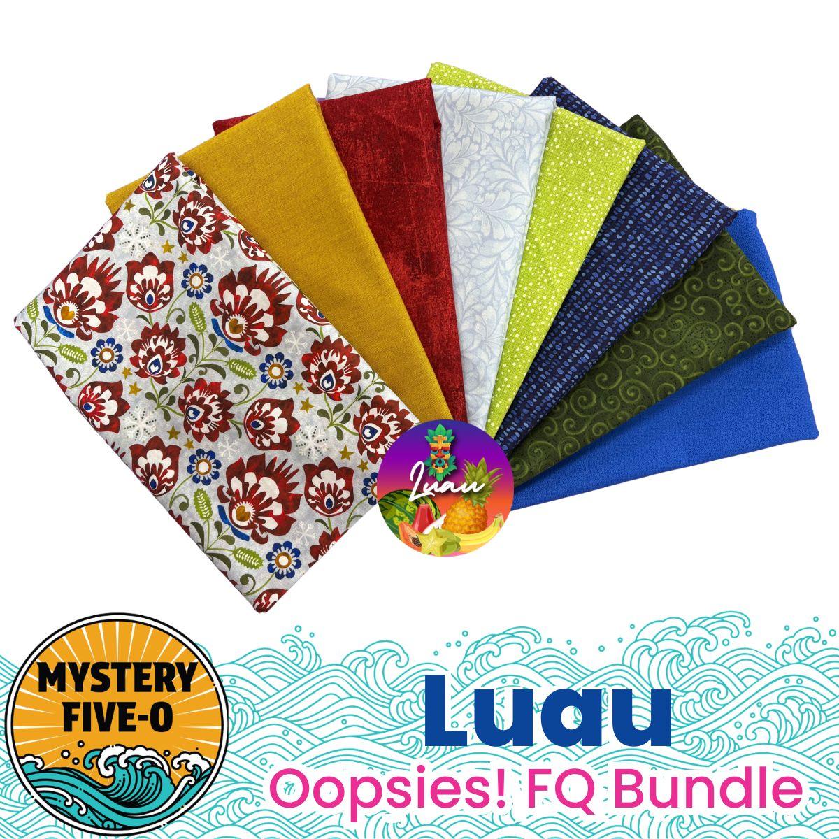 Eight vibrant fat quarters from Quilted Joy’s Mystery Five-0 Mega Mystery Luau Winterberry Sky Oopsies! FQ Bundle fan out above the label, with a Mystery Five-O sticker—ideal for your next quilt.