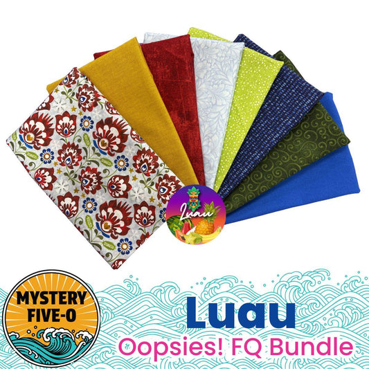 Eight vibrant fat quarters from Quilted Joy’s Mystery Five-0 Mega Mystery Luau Winterberry Sky Oopsies! FQ Bundle fan out above the label, with a Mystery Five-O sticker—ideal for your next quilt.