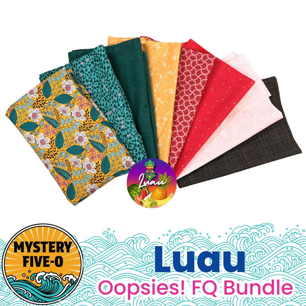 The Quilted Joy Mystery Five-0 Mega Mystery Luau Blooming Colors Oopsies! FQ Bundle features vibrant botanical and geometric fat quarters—perfect quilting fabric for your next luau project. Logos and a wave illustration appear at the bottom.