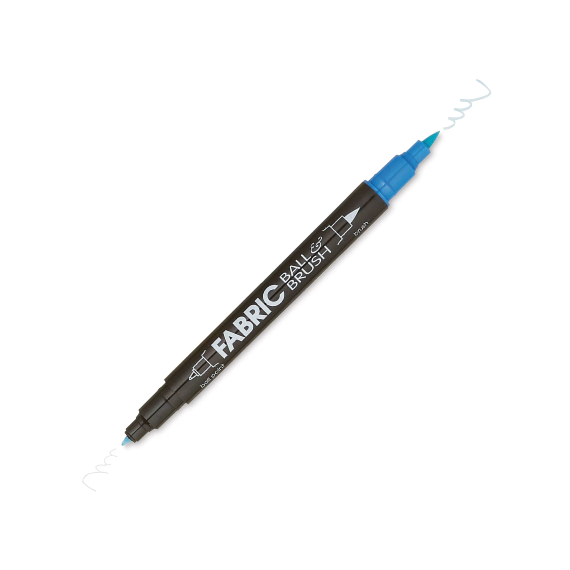 The Marvy Fabric Ball & Brush Marker by United Notions is a double-ended marker with a black body and blue caps that creates light blue wavy lines from both ends on white fabric.