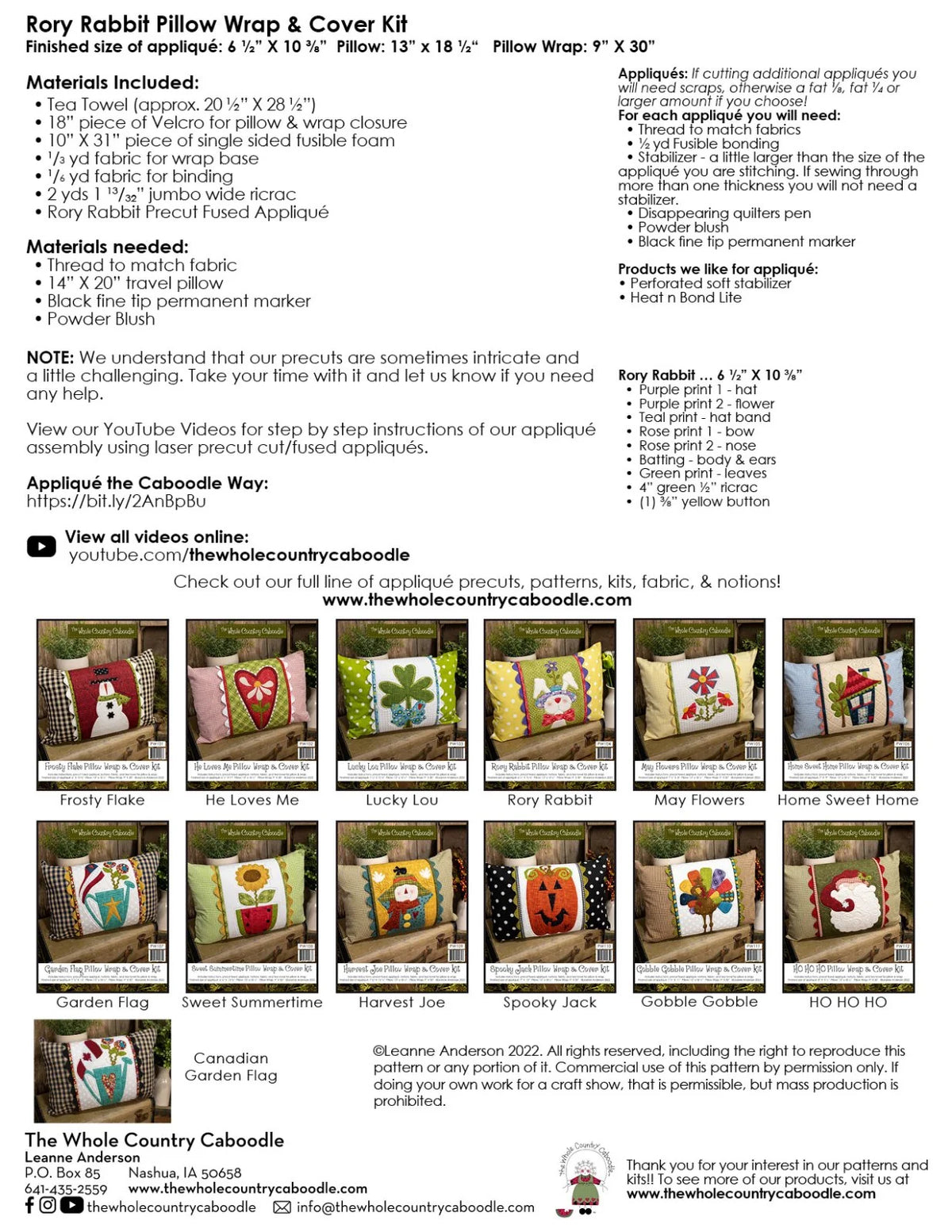 Rory Rabbit Pillow Wrap & Cover Kit by The Whole Country Caboodle