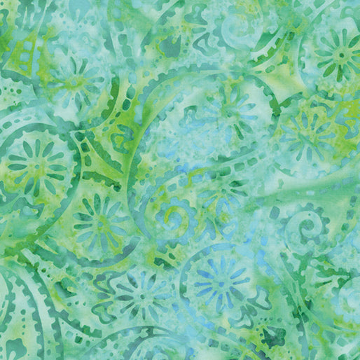 Benartex Paisley Aqua/Kiwi Fabric Yardage features a green and blue watercolor paisley pattern with floral and swirled designs, offering a soft, textured, and decorative look.