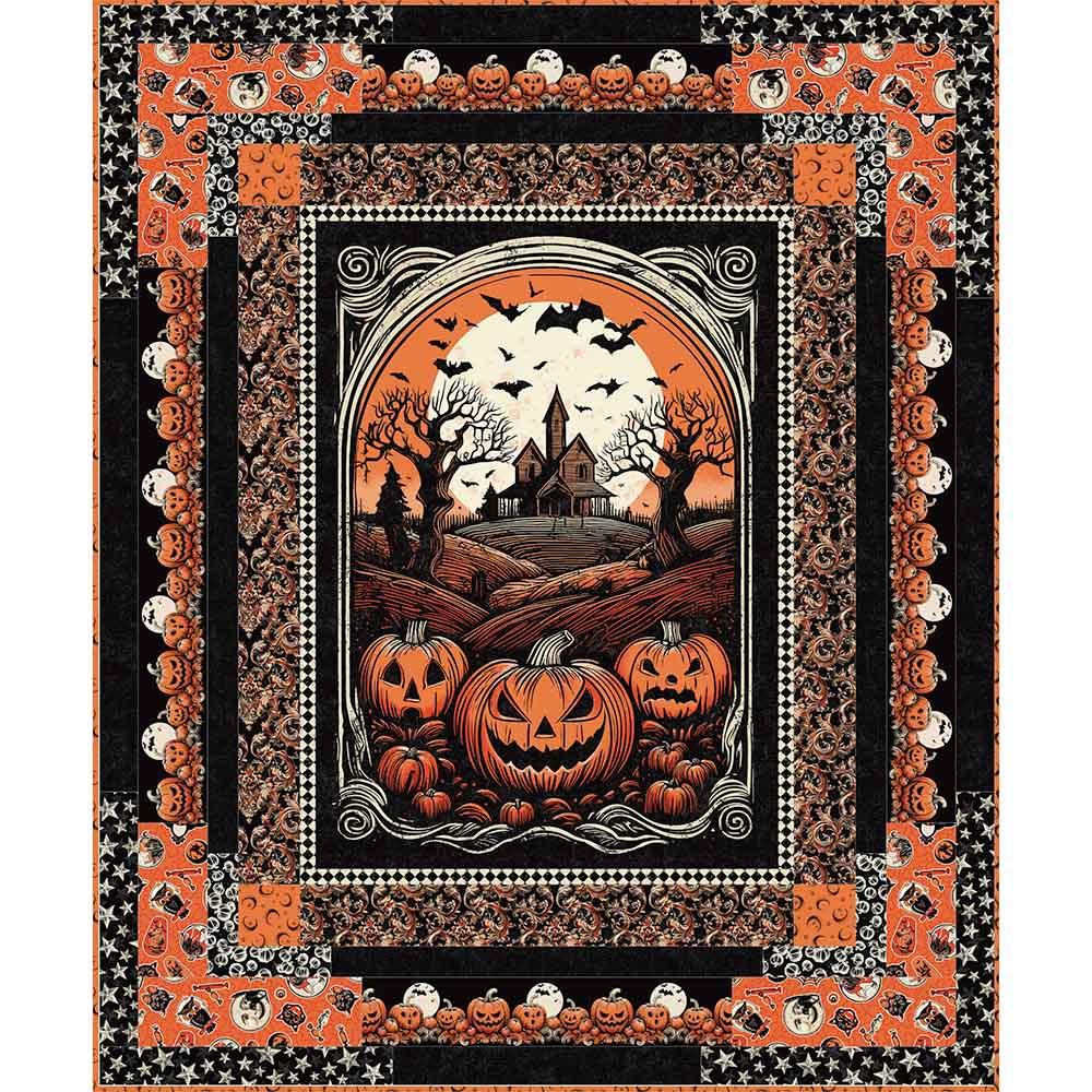 Bring Halloween spirit to your home with the Quilted Joy Haunted Hollow Quilt Kit, featuring a haunted house, bats, bare trees, grinning jack-o’-lanterns, and pumpkin-patterned borders—perfect for a festive seasonal quilt!.