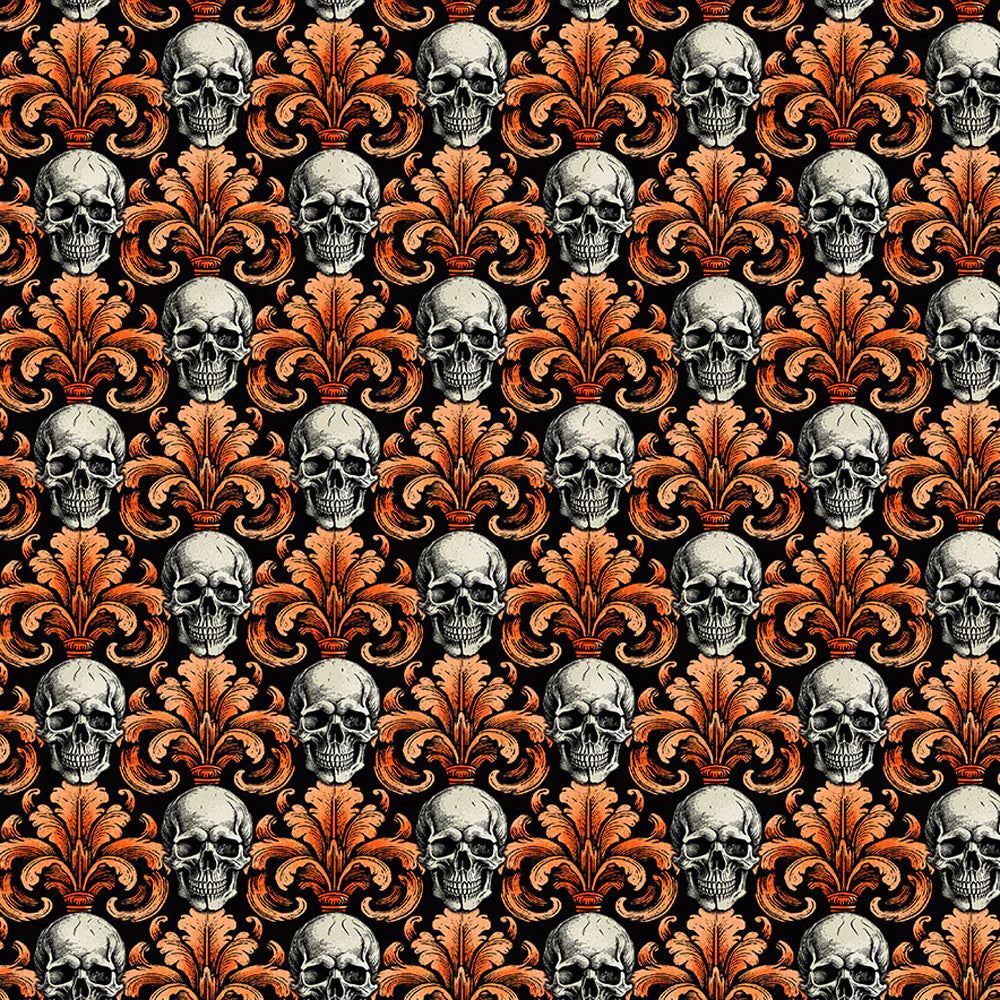 The Northcott Haunted Hollow Halloween Life of the Party Fabric features gray skulls and ornate orange floral motifs on black, ideal for gothic or baroque-inspired Halloween quilting projects.
