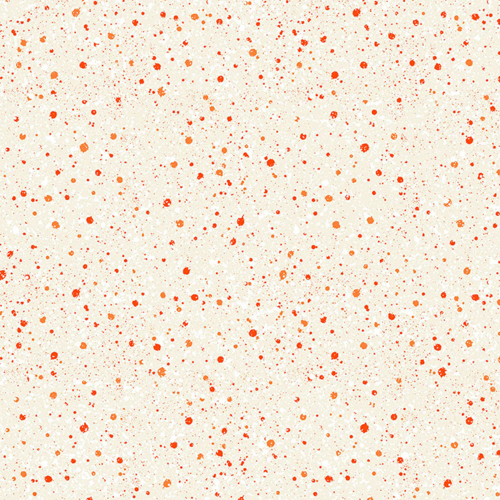 Beige background with scattered red and orange paint splatters in a random pattern—ideal for Halloween quilting, like Northcott's Haunted Hollow Bone Spattered Fabric Yardage.