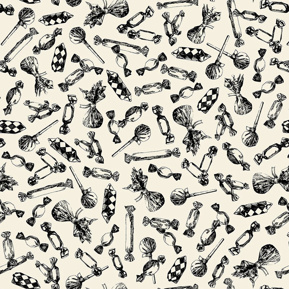 A seamless pattern of hand-drawn wrapped candies on a light background, Haunted Hollow Black and Bone Beggars Bounty Fabric Yardage by Northcott brings playful Halloween spirit to your quilting projects.