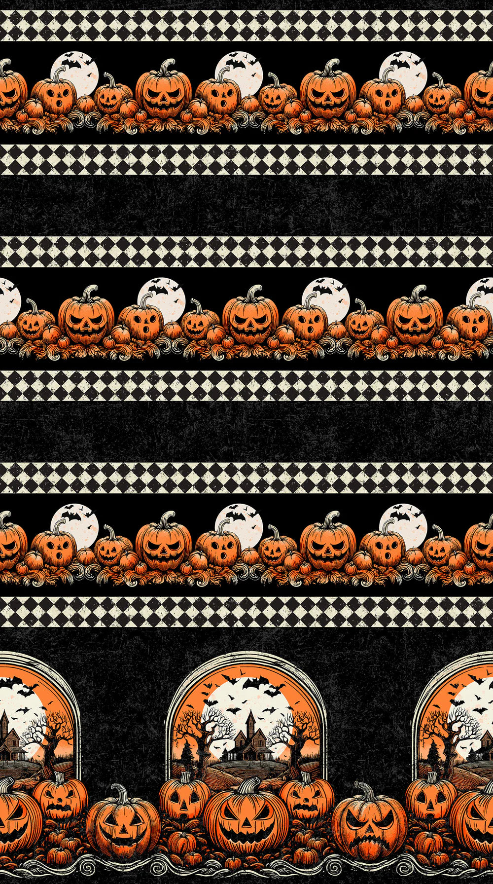 The Haunted Hollow Halloween Border Print Fabric Yardage by Northcott features haunted houses, spooky trees framed by arches, and pumpkins below. This fabric is ideal for festive quilting and Halloween-themed projects.