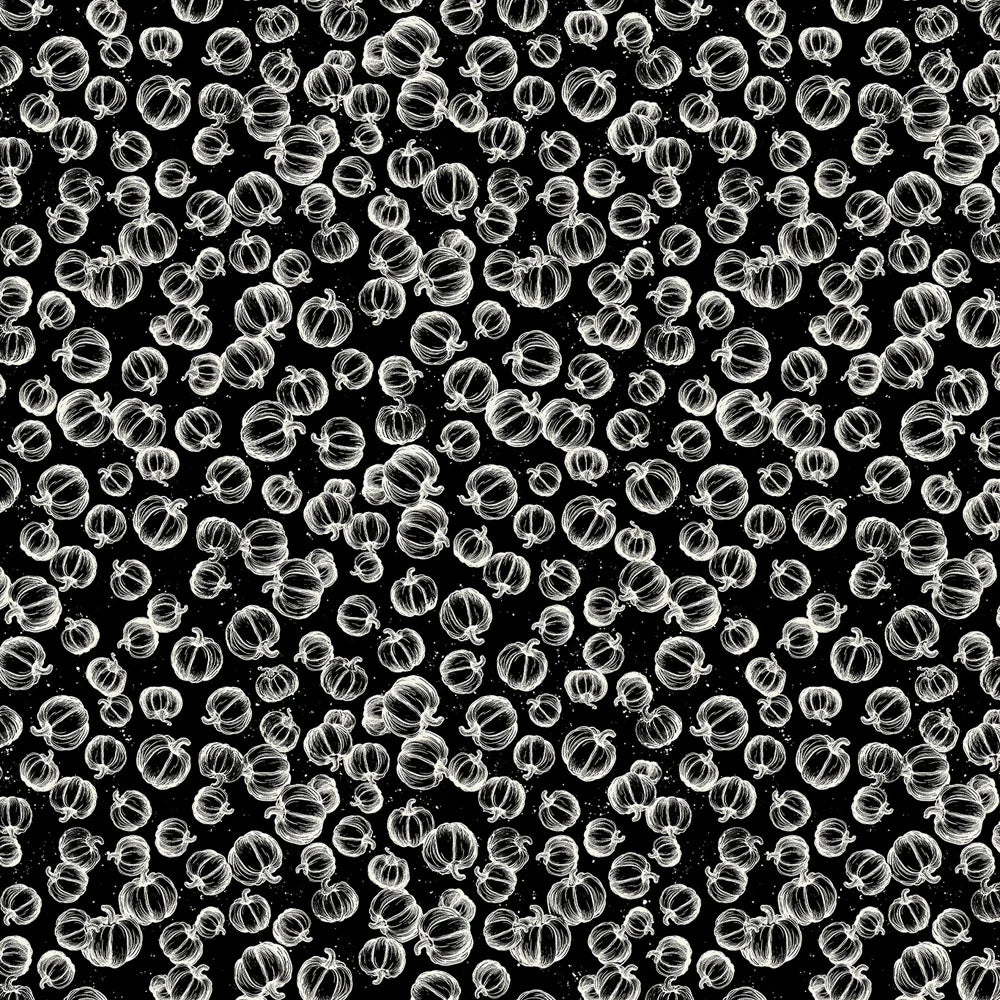Haunted Hollow Black Pumpkin Toss Fabric Yardage by Northcott features dense hand-drawn white pumpkin outlines on black—ideal for whimsical Halloween quilts or autumn projects.