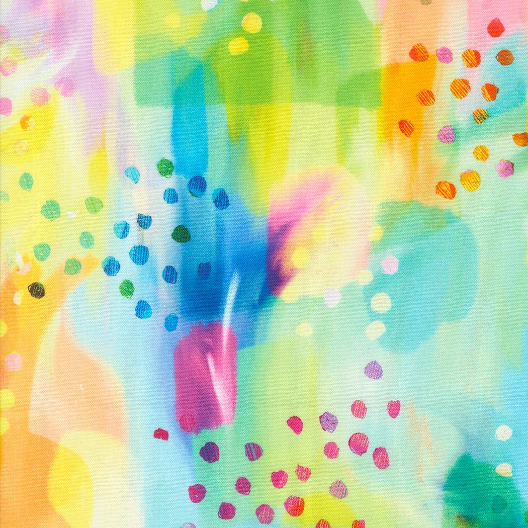 The Gradients Auras Prism 108" Wide 3 Yard Quilt Fabric Back Pack features an abstract design with vibrant yellow, green, blue, pink, and orange hues, soft Moda-inspired brushstrokes, and multi-colored scattered dots.
