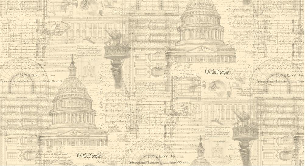 The 3 Sisters Patriotic Parchment 108" Wide 3 Yard Quilt Fabric Back Pack by United Notions features beige sketches of the Capitol dome, Liberty’s torch, and script—perfect Americana or patriotic fabric for your next quilt backing.