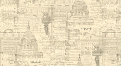 The 3 Sisters Patriotic Parchment 108" Wide 3 Yard Quilt Fabric Back Pack by United Notions features beige sketches of the Capitol dome, Liberty’s torch, and script—perfect Americana or patriotic fabric for your next quilt backing.