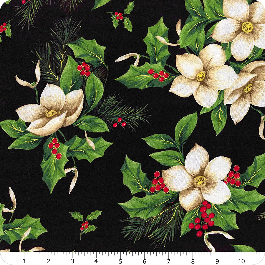 Christmas Blooms Black 108" Wide Quilt Backing Fabric