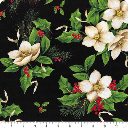Christmas Blooms Black 108" Wide 3 Yard Quilt Fabric Back Pack features white magnolia flowers, green holly leaves, red berries, and pine needles on black—perfect for wide quilt backing. Ruler shows scale in inches.